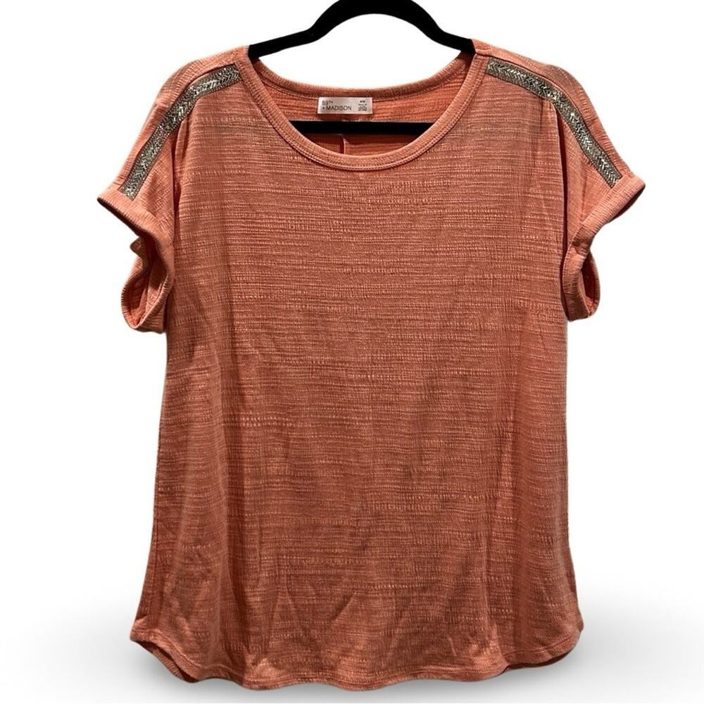 89th‎ & Madison Rhinestone Knit Top Size Medium Short Sleeve Casual Bling Mature